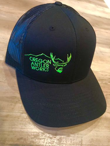 Oregon Antler Works Logo Snapback - Black / Black with Neon Green Logo